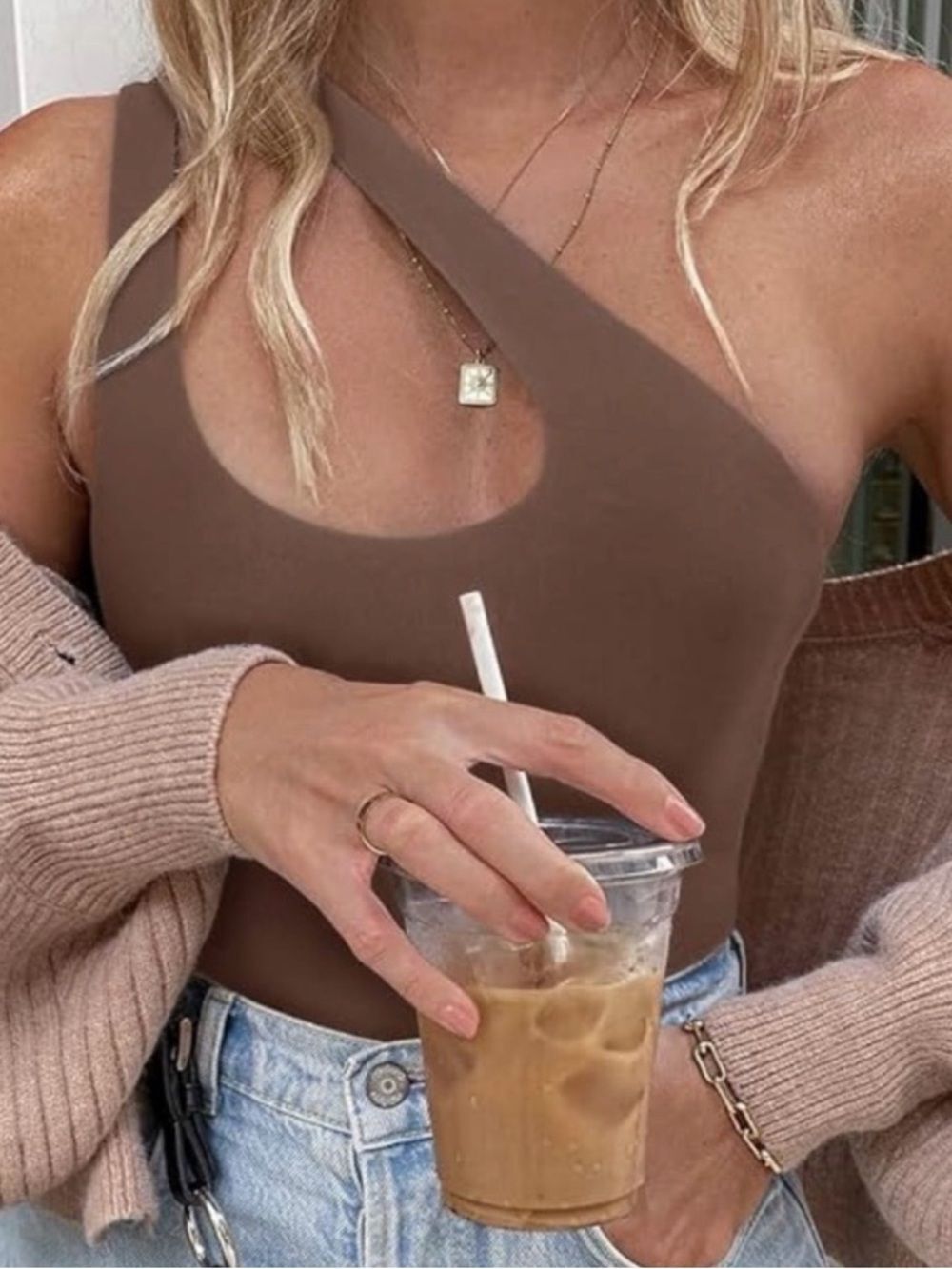 ReoRia Brown Plunge One Shoulder Sleeveless Buttersoft Bodysuit
